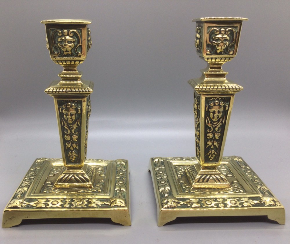 Pair mid 19thC brass ornate candlesticks c1850 View III