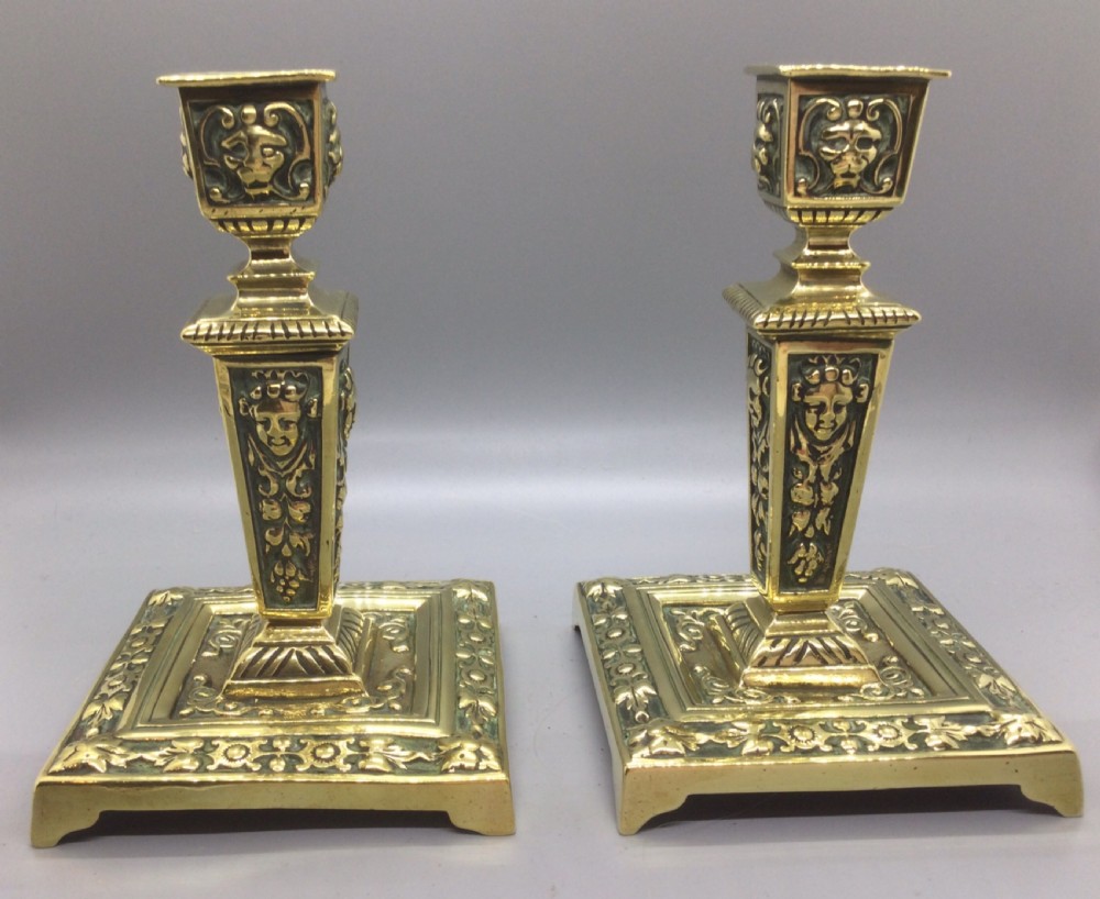Pair mid 19thC brass ornate candlesticks c1850 View IV