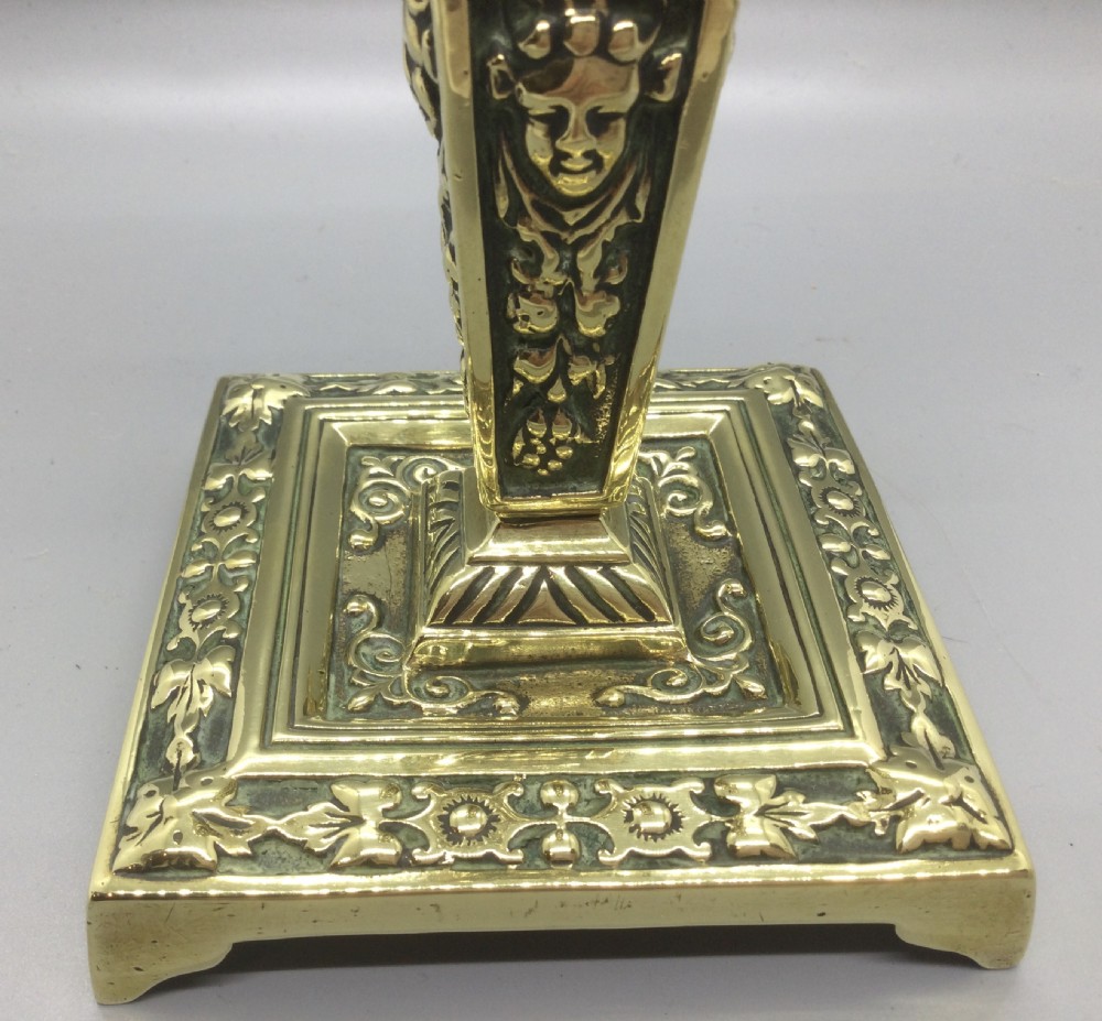Pair mid 19thC brass ornate candlesticks c1850 View X