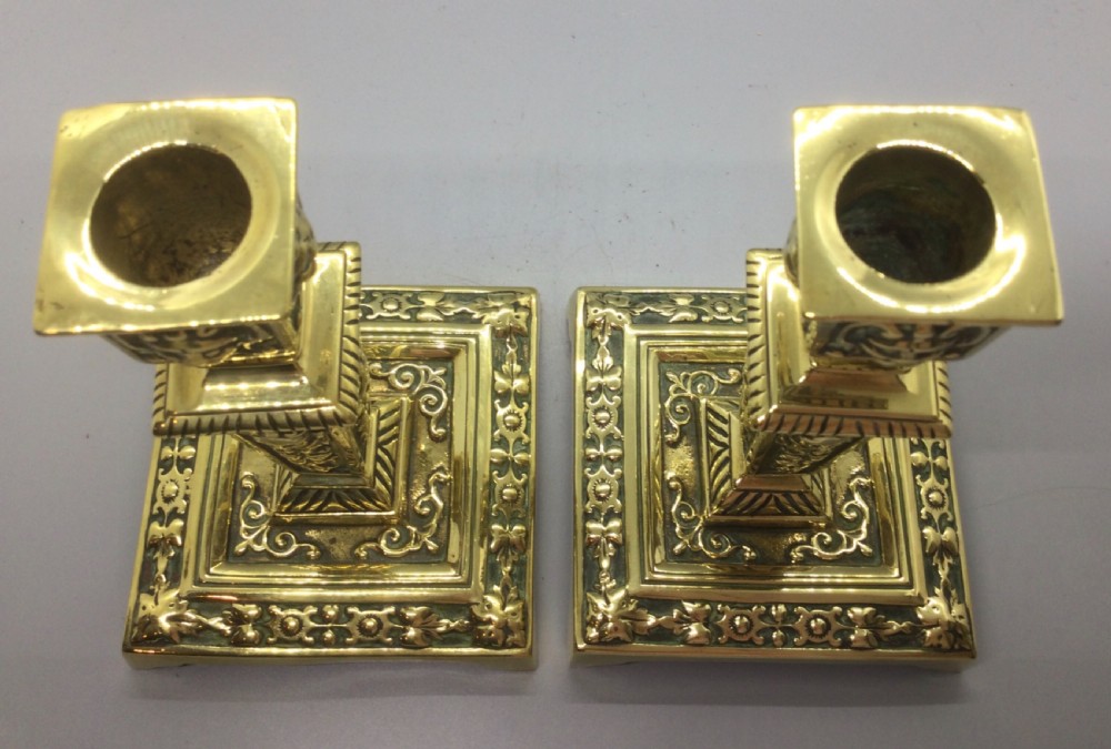 Pair mid 19thC brass ornate candlesticks c1850 View XI