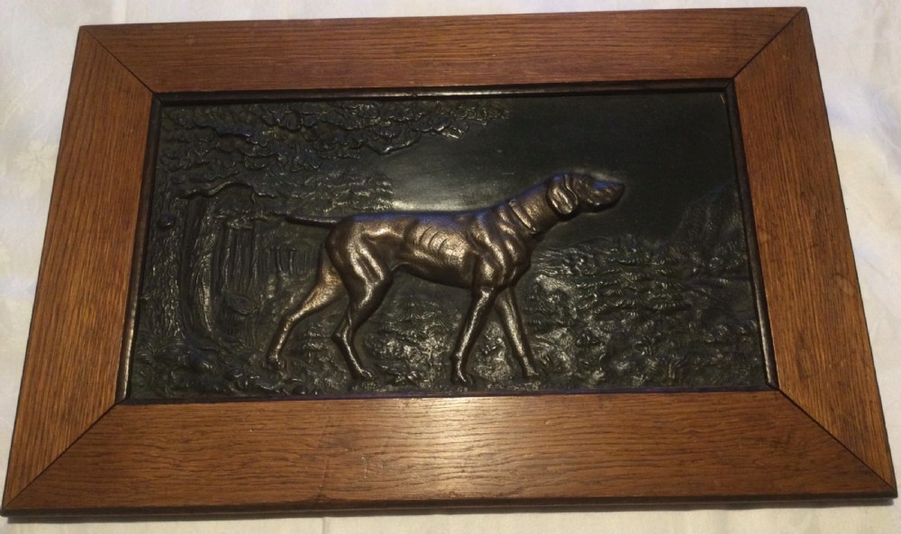 Late 19thC oak framed bronze plaque of a pointer or hunting dog c1880