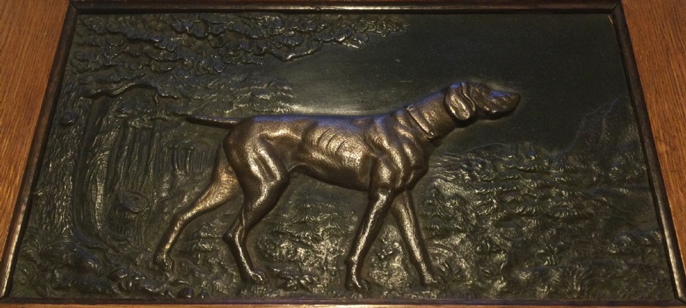 Late 19thC oak framed bronze plaque of a pointer or hunting dog c1880 View II