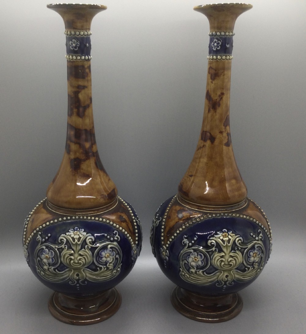 Late 19thC Royal Doulton Lambeth bottle neck vases c1895