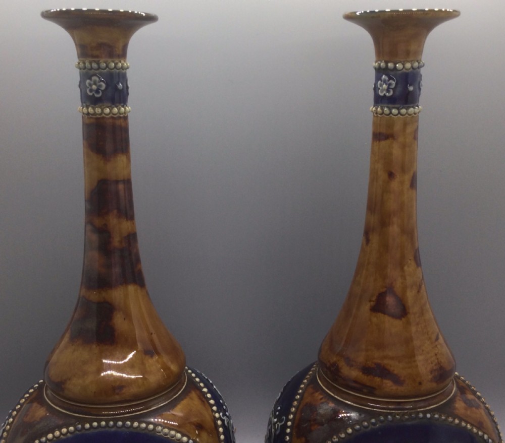 Late 19thC Royal Doulton Lambeth bottle neck vases c1895 View VI