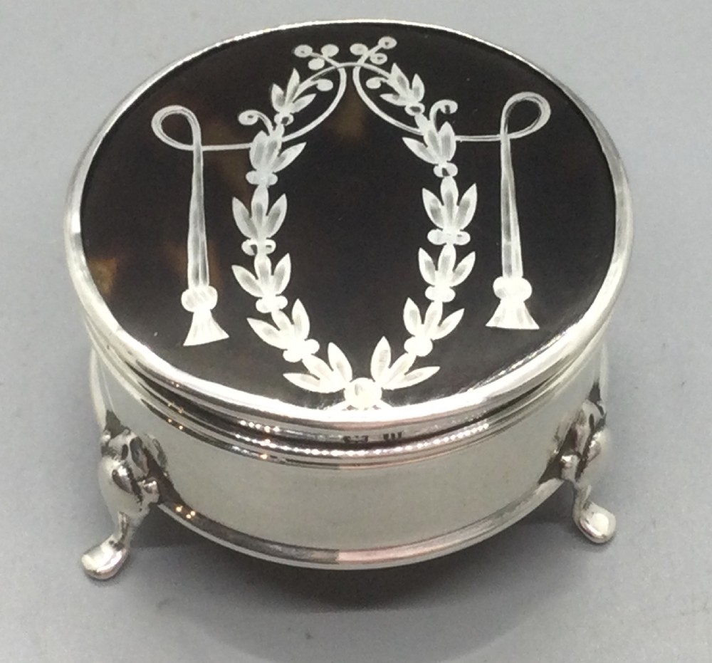 Early George V silver inlaid tortoiseshell ring box Birmingham 1912 View VII