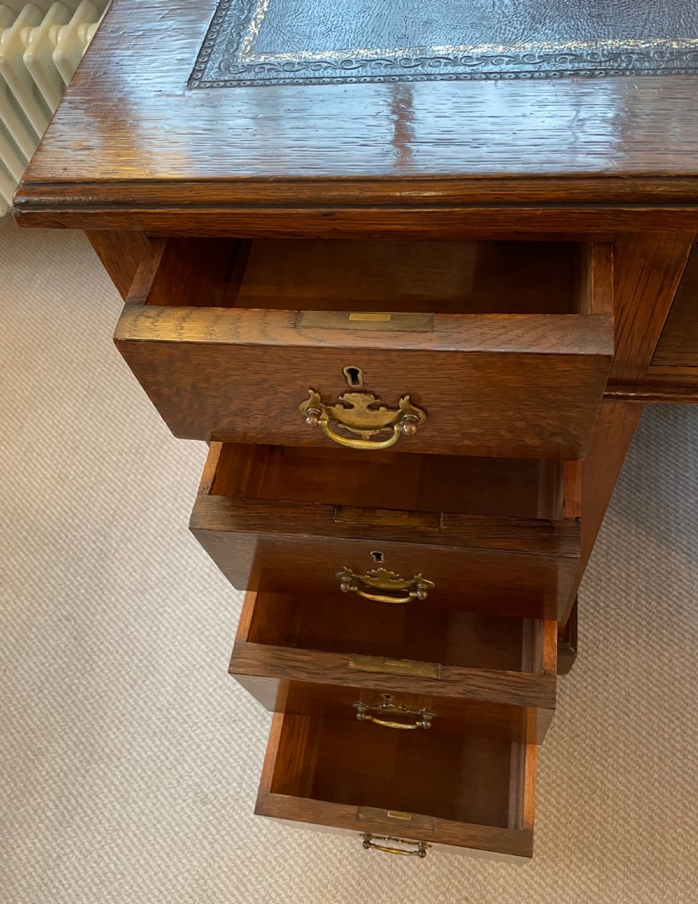 Edwardian oak pedestal desk c1900 View IX