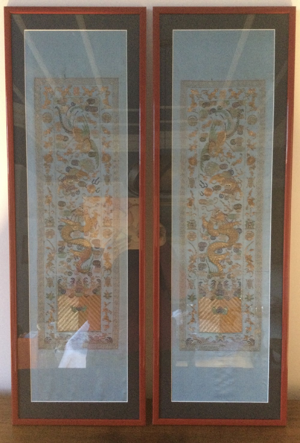 Antique pair of Chinese gold thread on silk embroidered panels