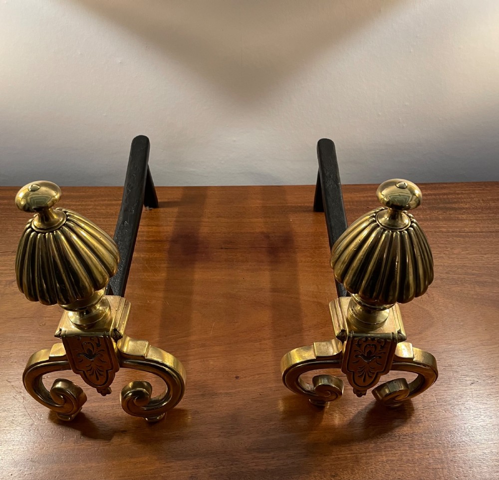 Late Regency pair of brass fire dogs c1830 View II