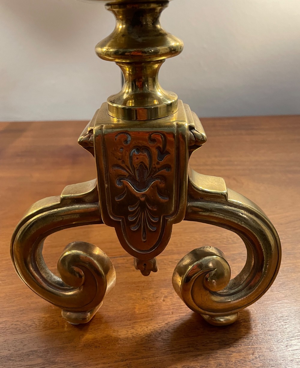 Late Regency pair of brass fire dogs c1830 View VIII