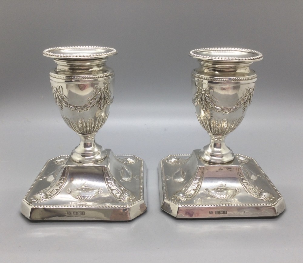 Fine Edwardian pair silver dwarf candlesticks Sheffield 1903  View II