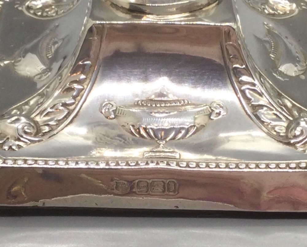 Fine Edwardian pair silver dwarf candlesticks Sheffield 1903  View X
