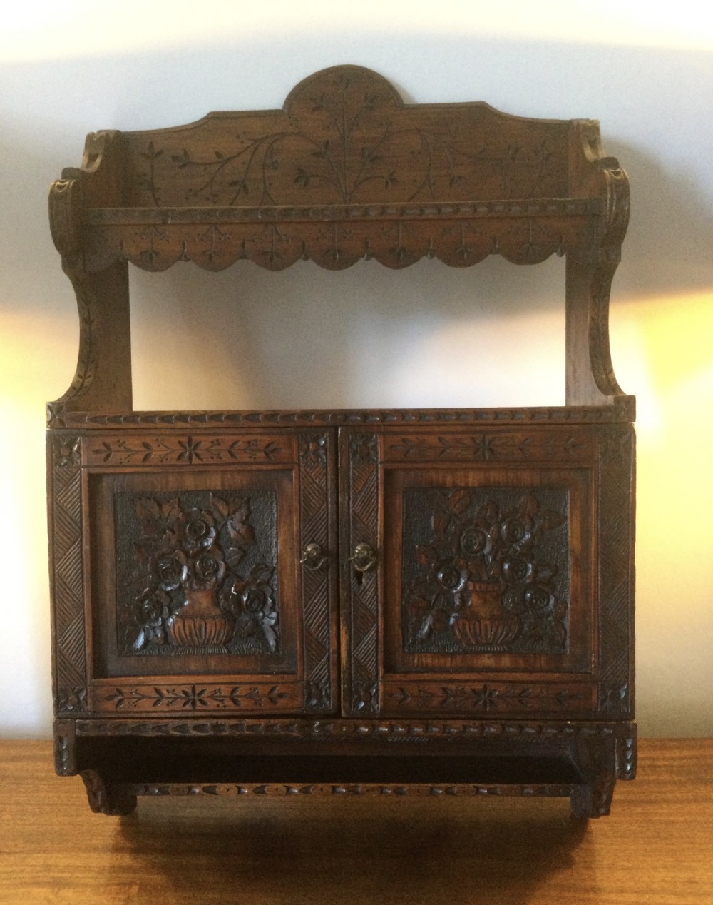 Arts and Crafts Victorian pine wall shelves cupboard  c1870
