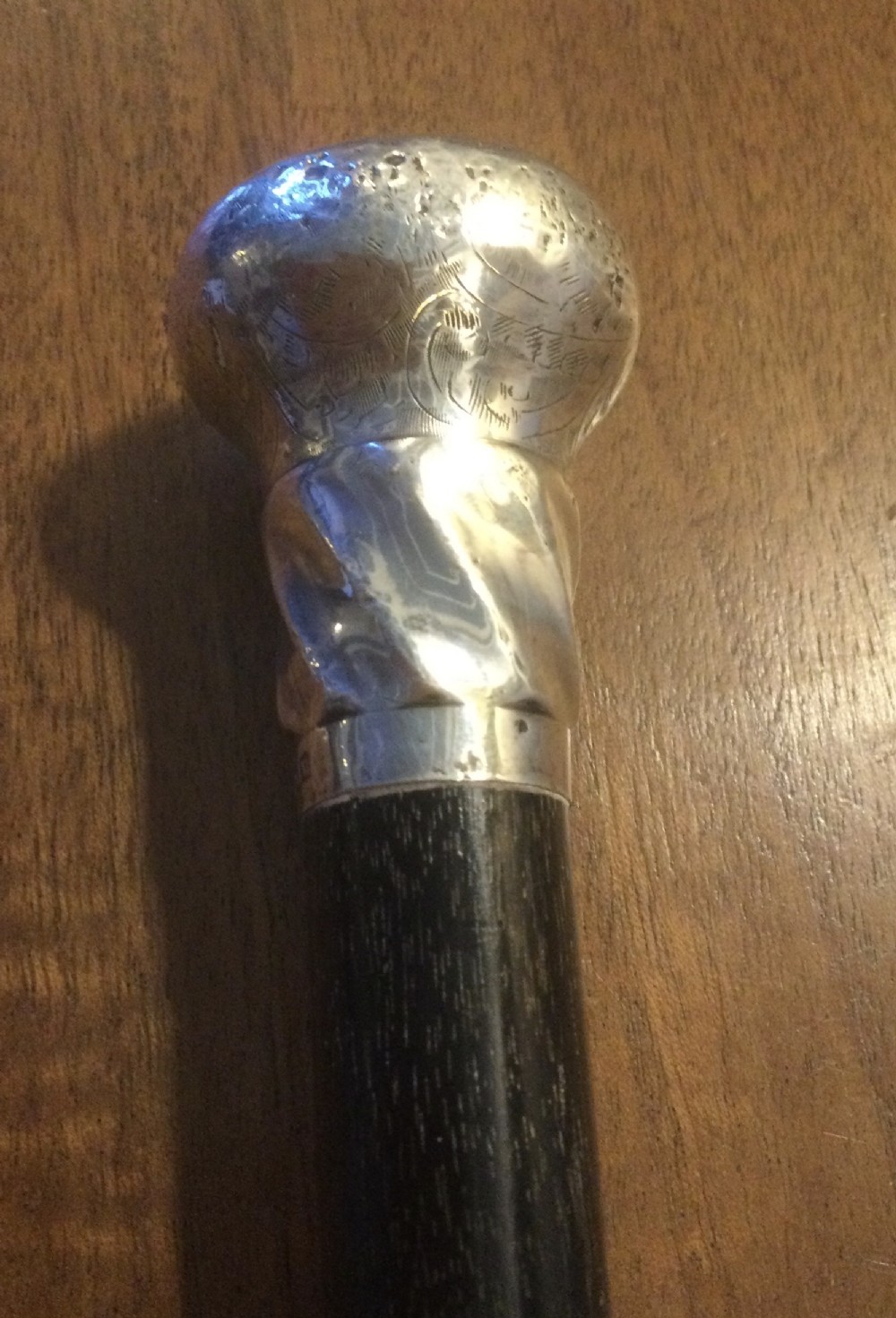 Geo V silver ebonised walking cane stick Birmingham 1925