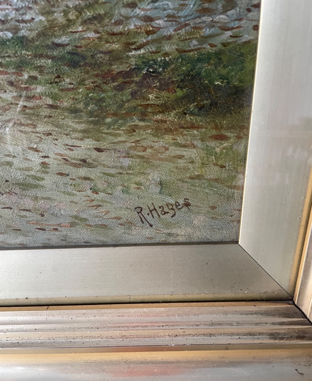 Mid 19thC landscape oil painting signed R HAYES View V