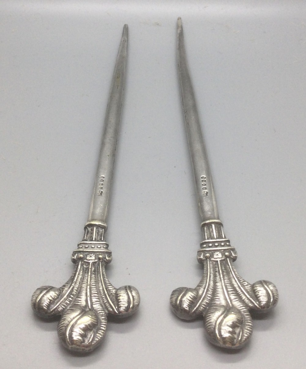 Pair of Victorian Prince of Wales feathers silver plate letter openers c1880