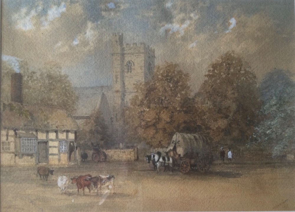 A pair of framed 19th-century watercolour paintings depicting English countryside scenes with stone buildings, bridges, and livestock set in gilt frames. View III