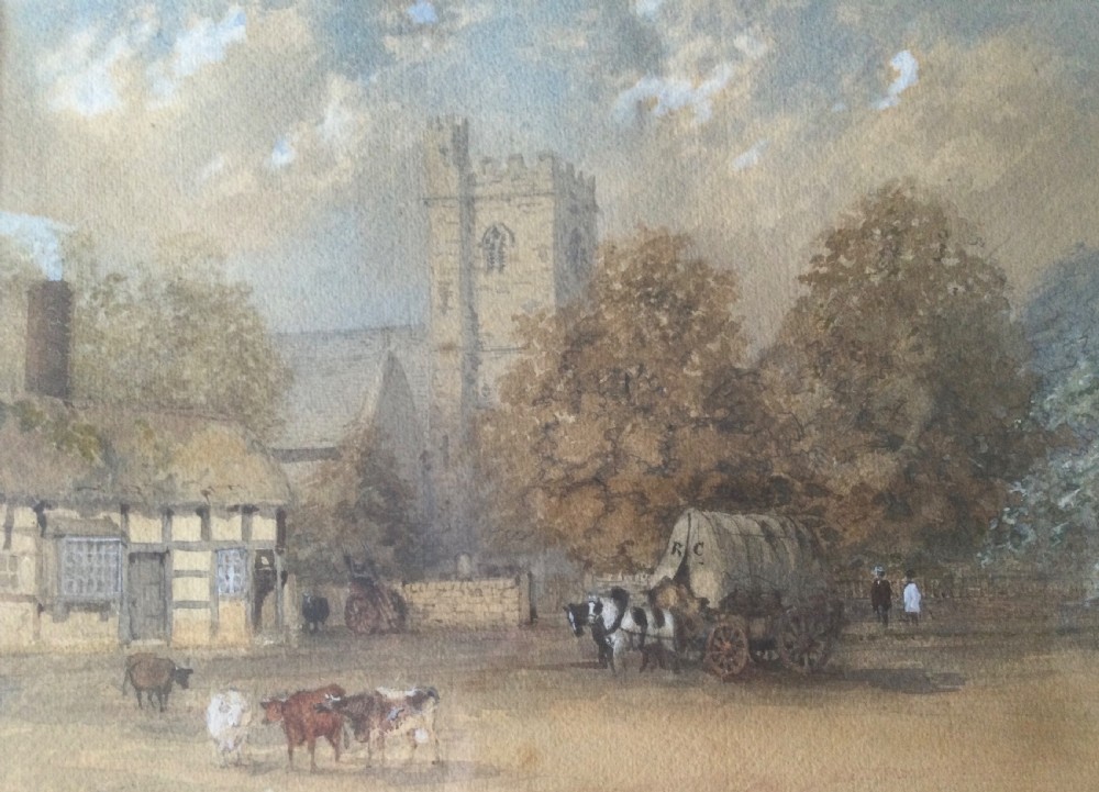 A pair of framed 19th-century watercolour paintings depicting English countryside scenes with stone buildings, bridges, and livestock set in gilt frames. View VIII