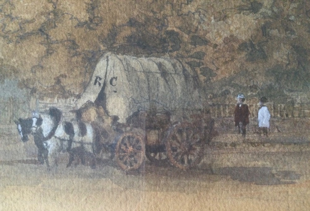A pair of framed 19th-century watercolour paintings depicting English countryside scenes with stone buildings, bridges, and livestock set in gilt frames. View IX