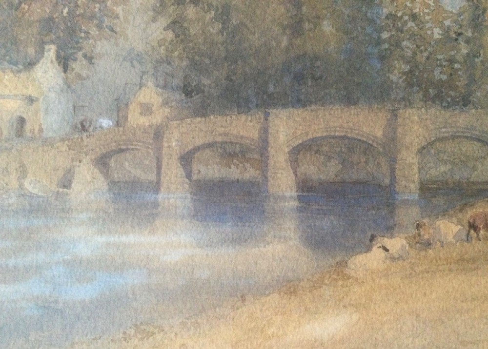 A pair of framed 19th-century watercolour paintings depicting English countryside scenes with stone buildings, bridges, and livestock set in gilt frames. View XVI