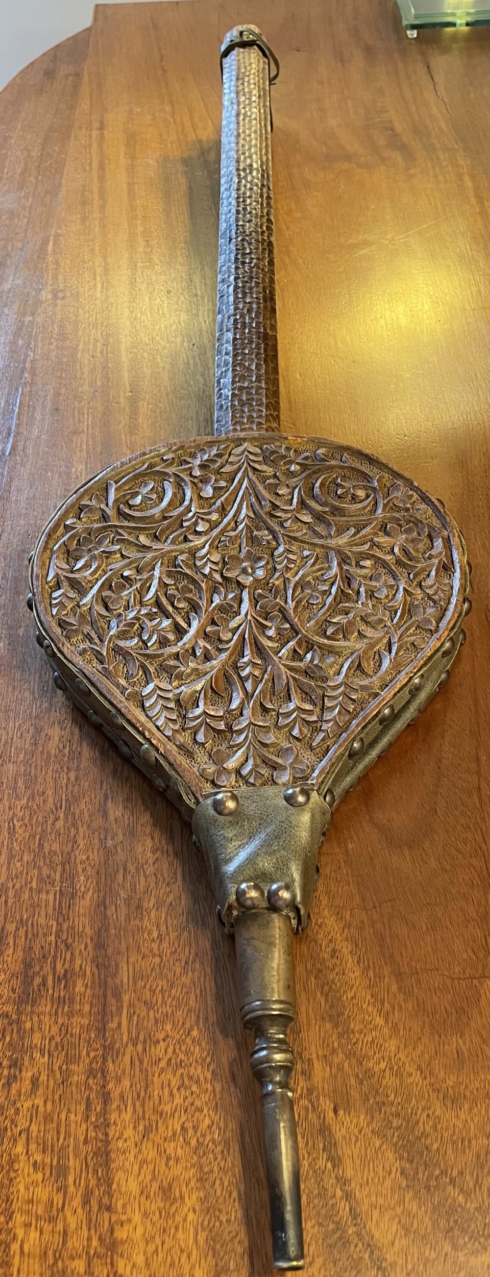 Late Victorian carved long handle fire bellows c1880