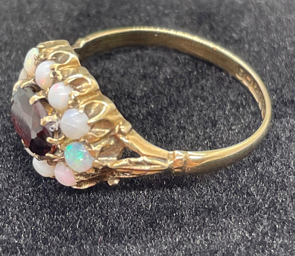 Vintage 9ct gold garnet and opal ring c1950 View V