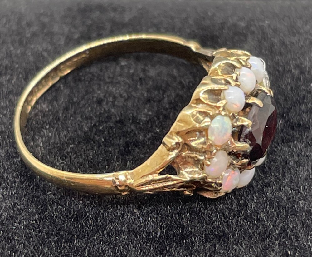 Vintage 9ct gold garnet and opal ring c1950 View VI