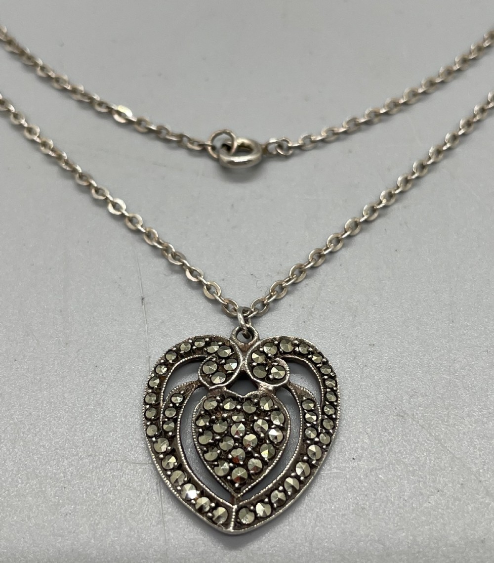 Deco era silver and marcasite heart pendant c1930 View II