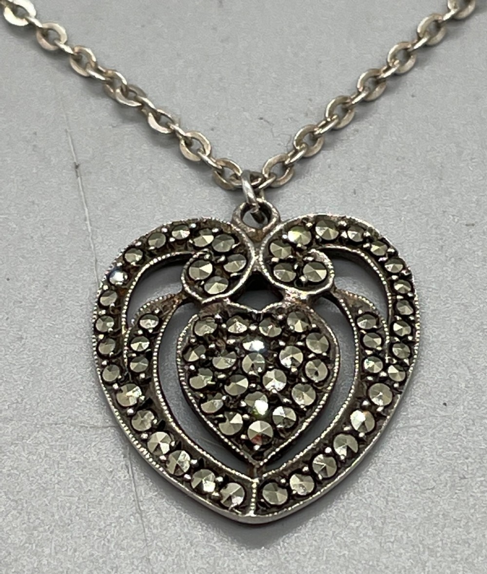 Deco era silver and marcasite heart pendant c1930 View III
