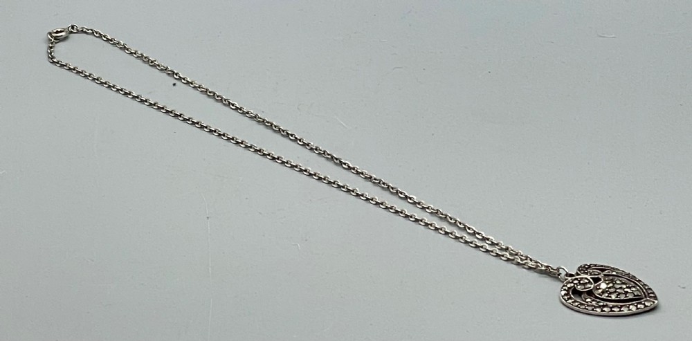 Deco era silver and marcasite heart pendant c1930 View V
