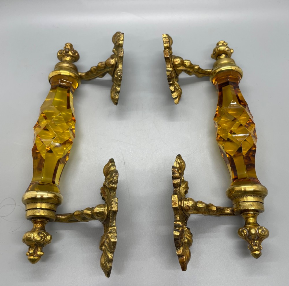 Late Victorian pair of ormolu and amber glass door handles c1880 View II