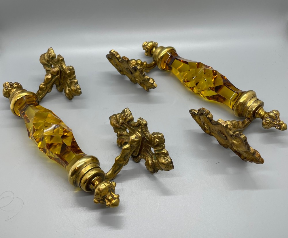Late Victorian pair of ormolu and amber glass door handles c1880 View III