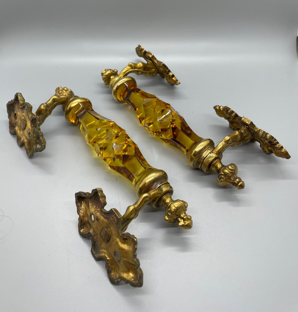 Late Victorian pair of ormolu and amber glass door handles c1880 View IV