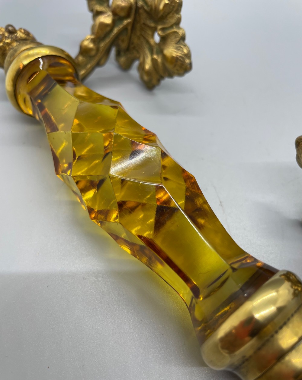 Late Victorian pair of ormolu and amber glass door handles c1880 View V