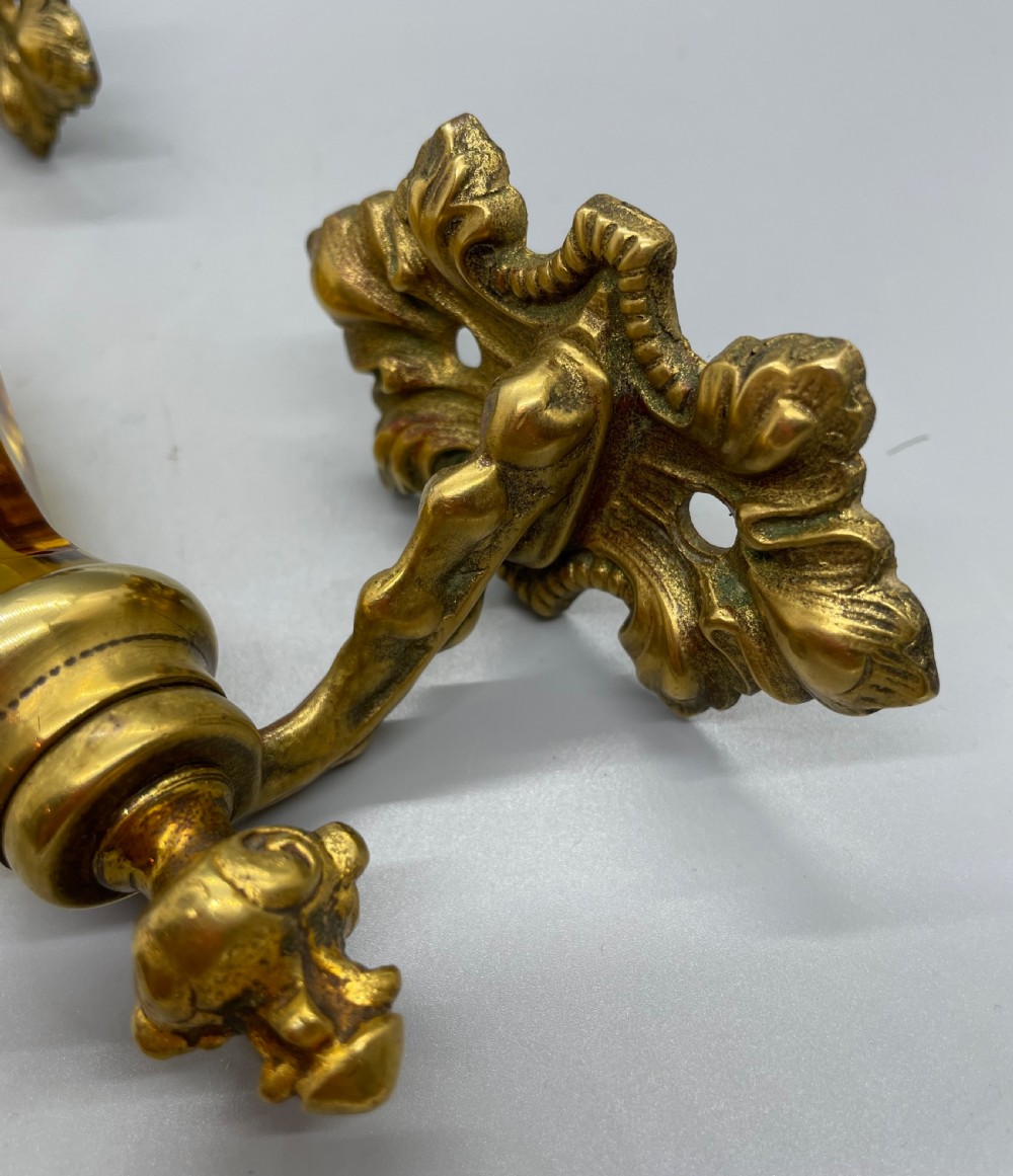 Late Victorian pair of ormolu and amber glass door handles c1880 View VI