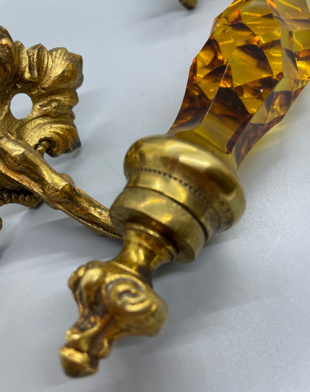 Late Victorian pair of ormolu and amber glass door handles c1880 View VIII