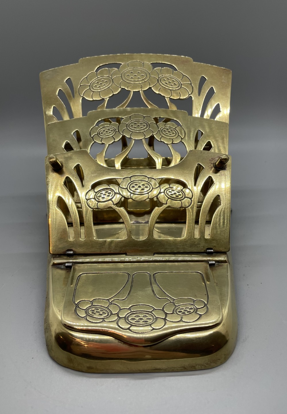 Late 19thc Art Nouveau folding brass paper rack stamp box  c1880 View II