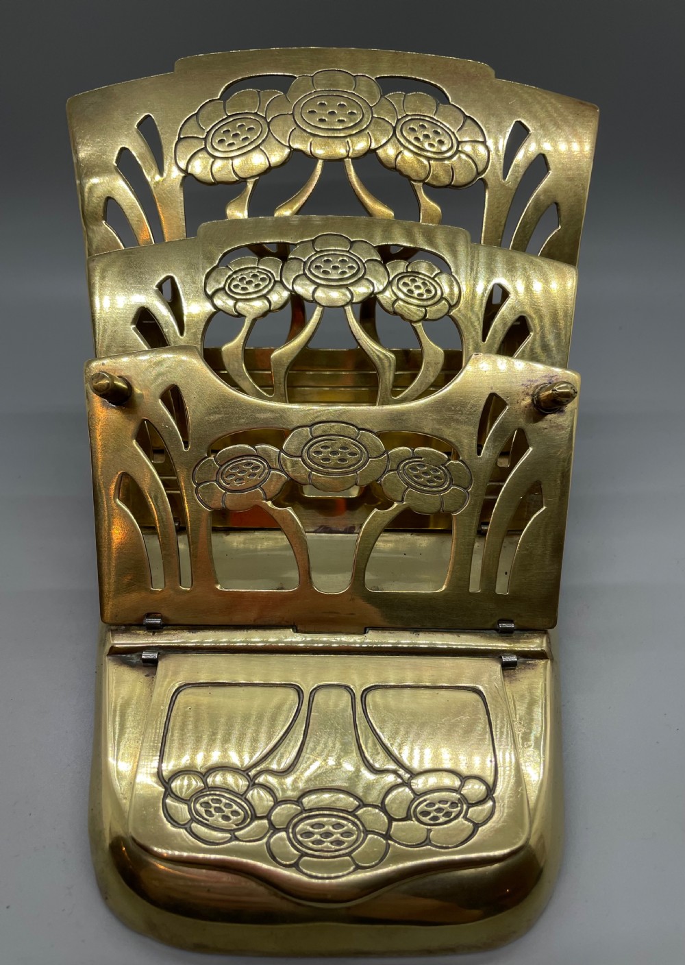 Late 19thc Art Nouveau folding brass paper rack stamp box  c1880 View V