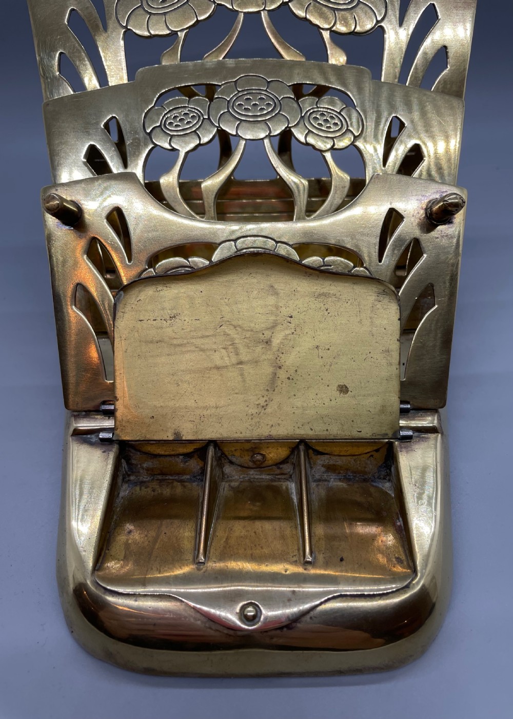 Late 19thc Art Nouveau folding brass paper rack stamp box  c1880 View VIII