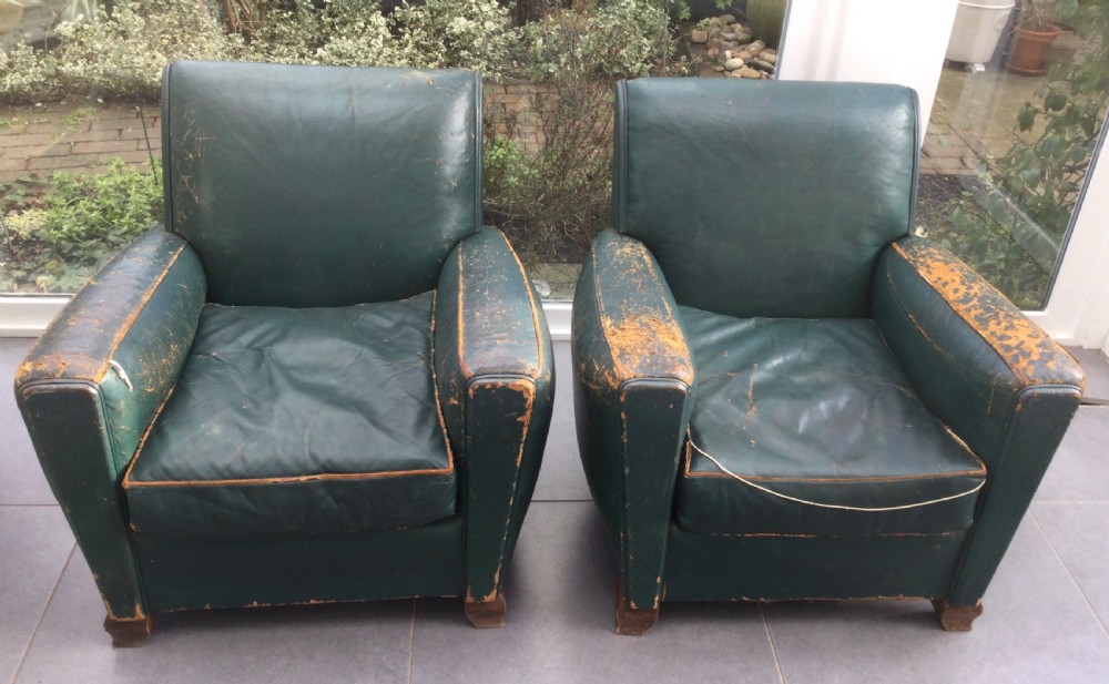 Pair French Deco walnut and leather club chairs c1930