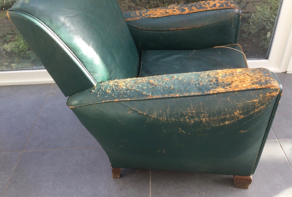 Pair French Deco walnut and leather club chairs c1930 View XV