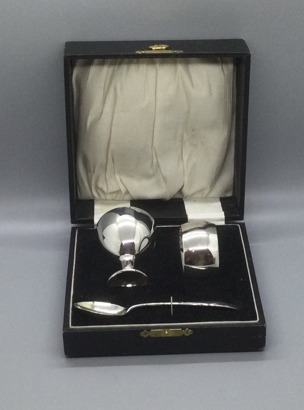 George V silver egg cup and  napkin ring christening set Birmingham 1925