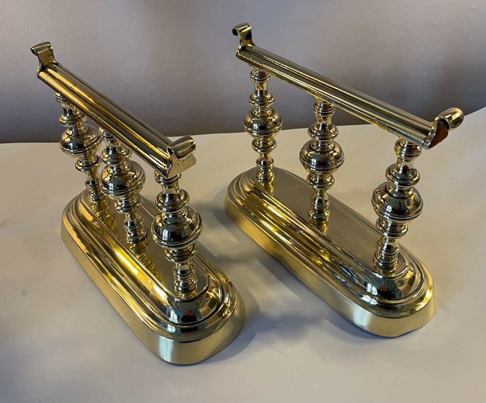 Late Regency pair brass fire dogs tool stands c1840 View II