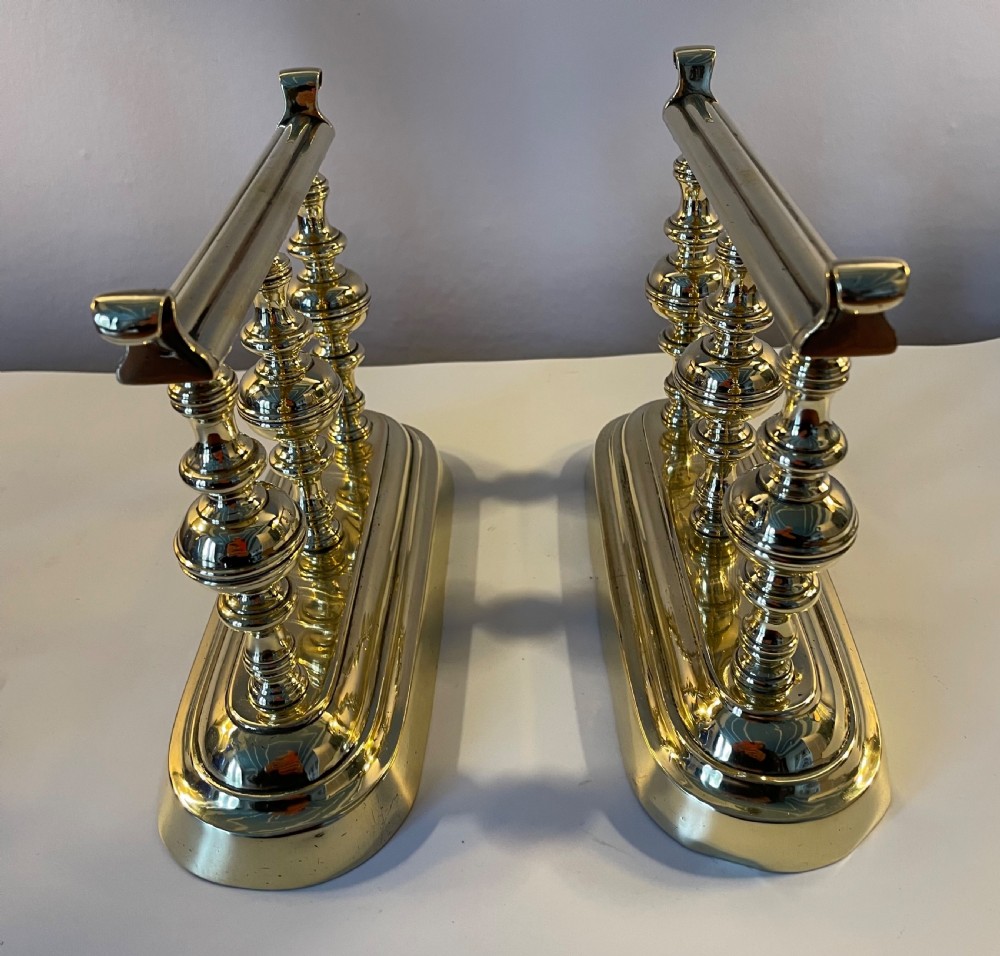Late Regency pair brass fire dogs tool stands c1840 View V