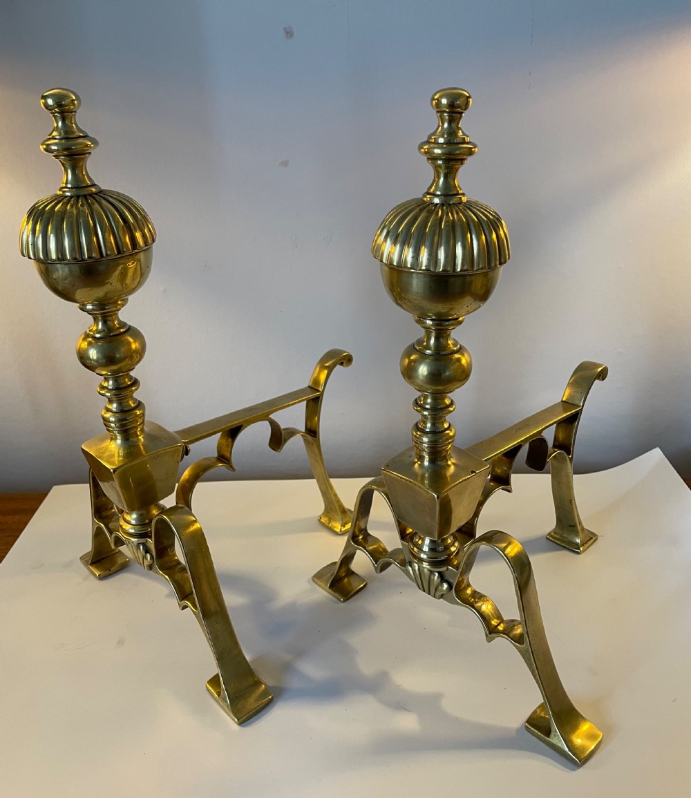 Victorian pair brass fire dogs tool stands c1860 View II