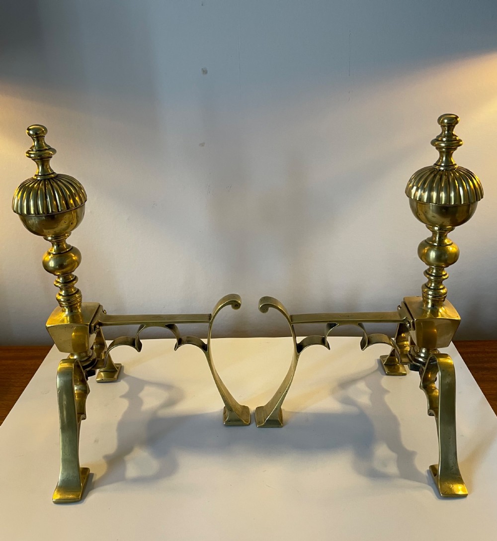 Victorian pair brass fire dogs tool stands c1860 View III