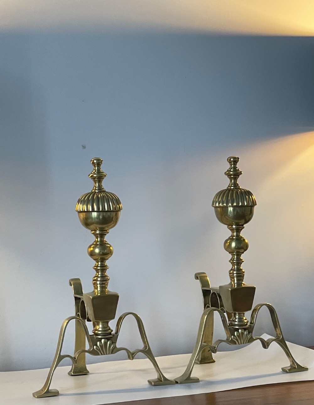 Victorian pair brass fire dogs tool stands c1860 View X