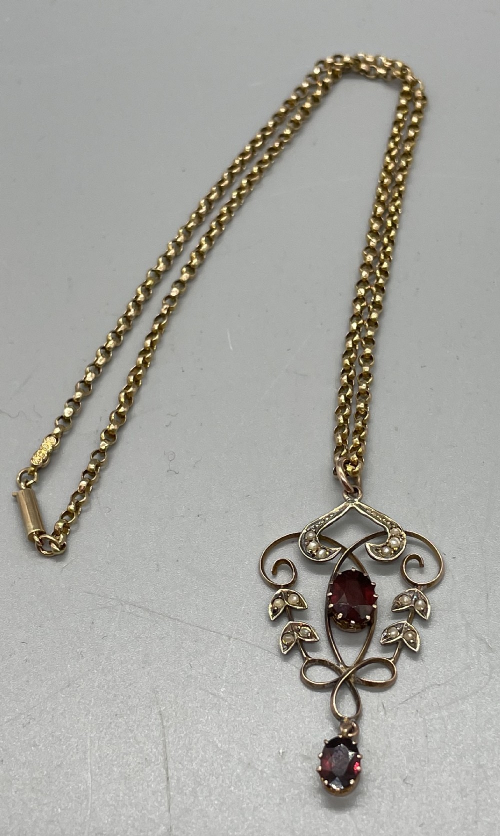 Edwardian 9ct gold garnet seed pearl pendant on chain c1900