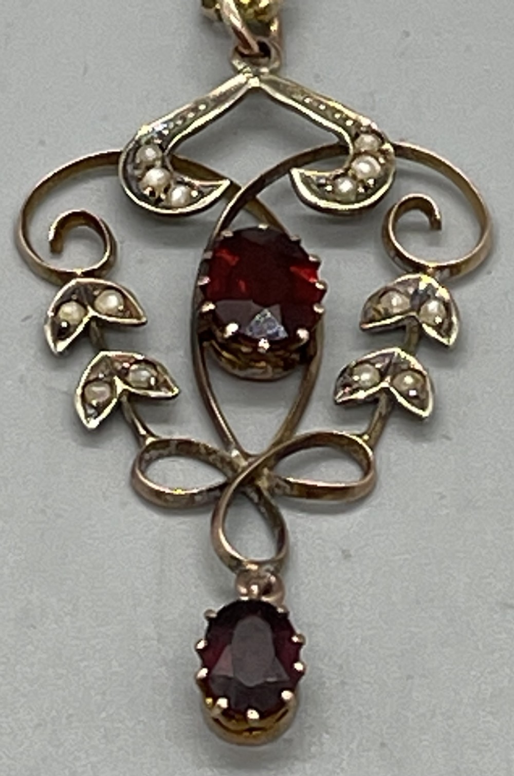 Edwardian 9ct gold garnet seed pearl pendant on chain c1900 View II