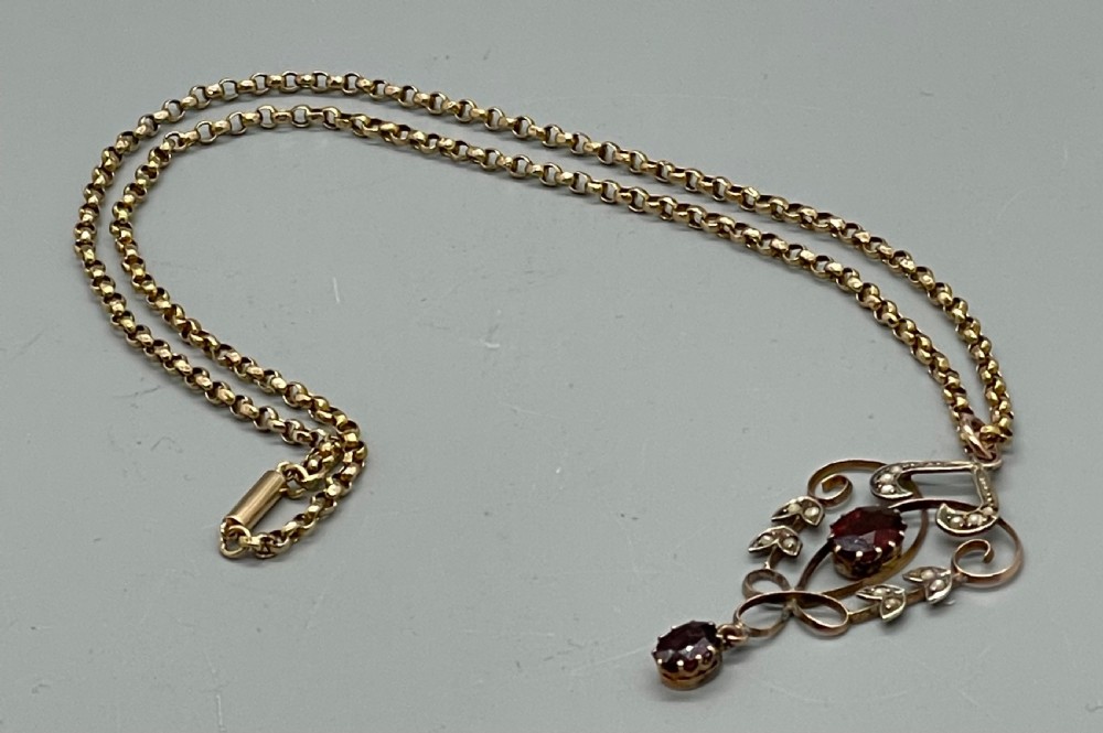 Edwardian 9ct gold garnet seed pearl pendant on chain c1900 View III