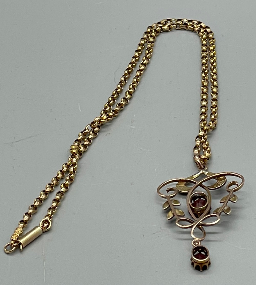 Edwardian 9ct gold garnet seed pearl pendant on chain c1900 View VII